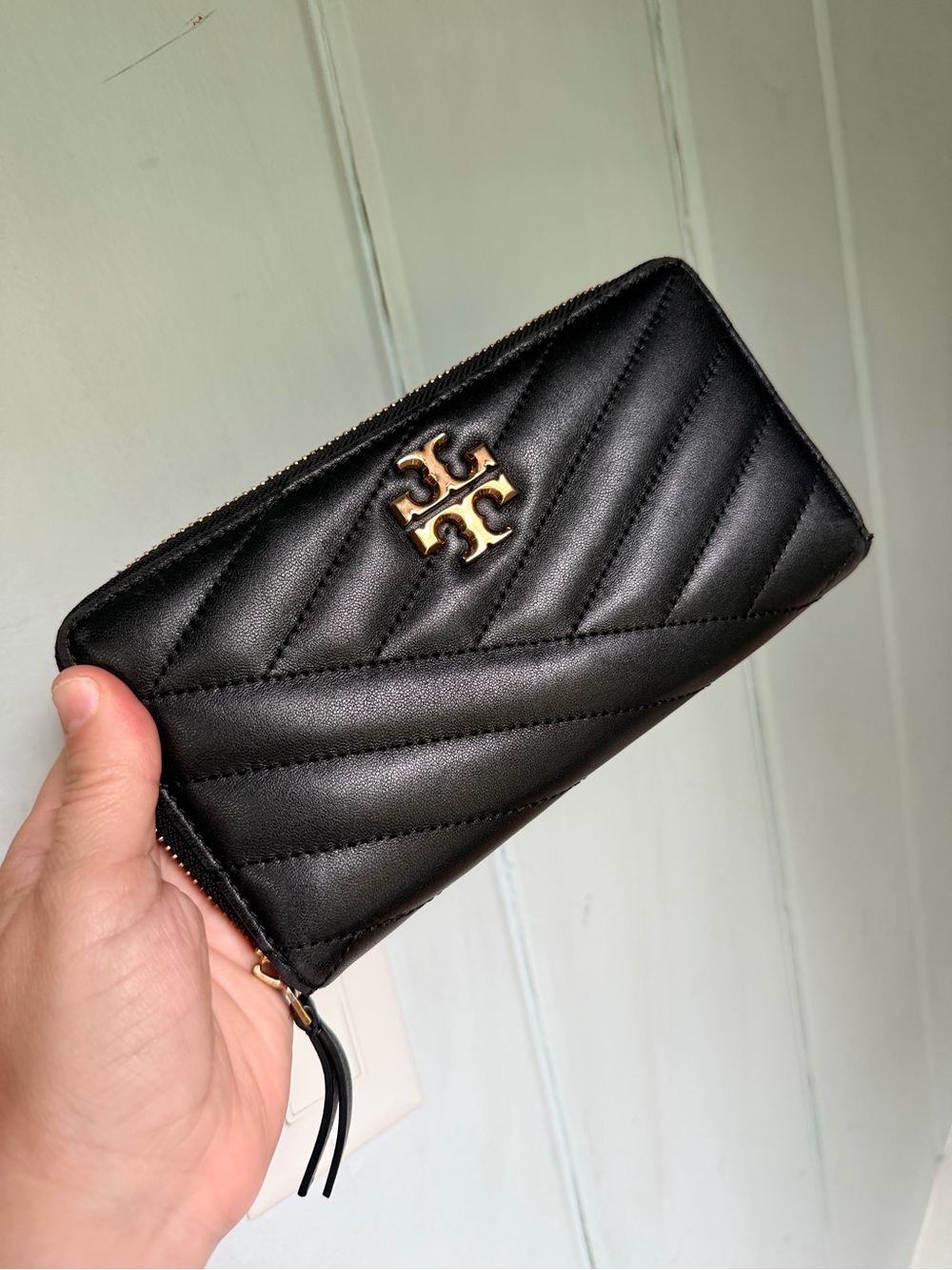 Tory Burch Black Quilted Leather Zip Around Wallet with Gold Logo